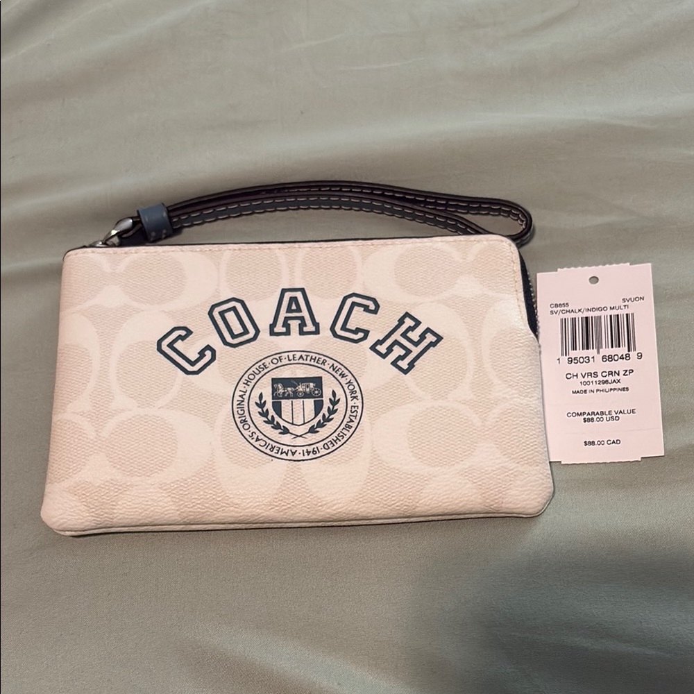 NWT Coach Corner Zip Wristlet In Signature Canvas With Varsity Motif
